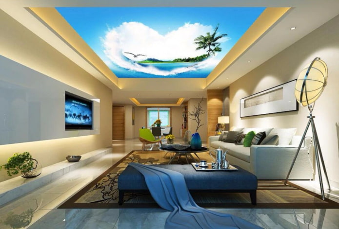 teto com uma imagem de uma praia na sala de estar