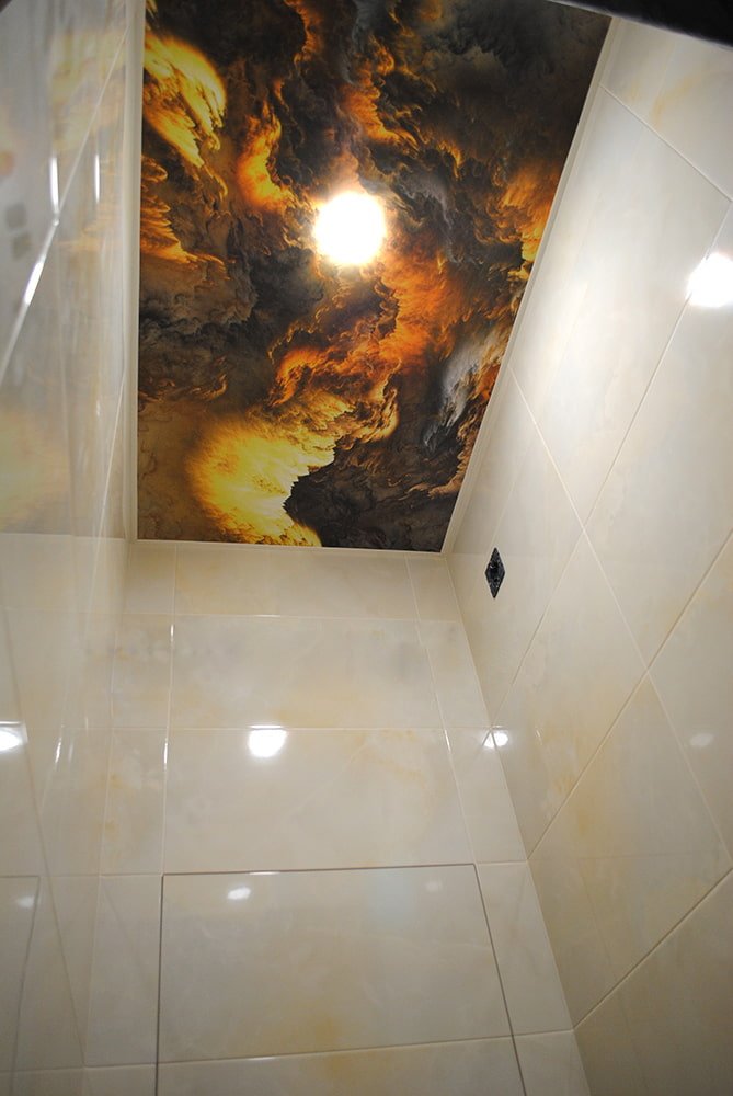 teto esticado com impressão de fotos no banheiro