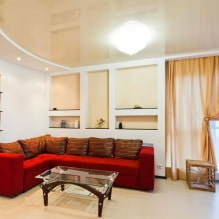 Tetos tensos na sala de estar: tipos, design, iluminação, 60 fotos no interior - 4