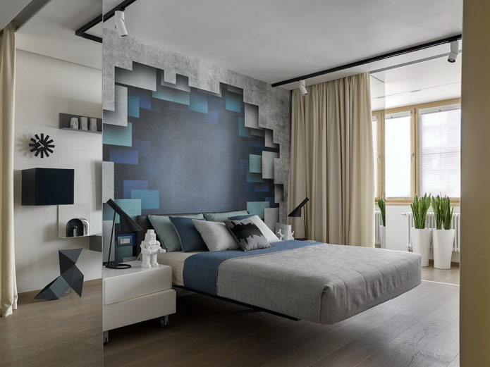 quarto de estilo moderno com papel de parede fotográfico nas paredes