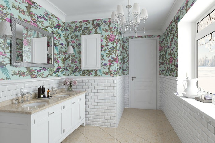 uma combinação de papel de parede pastel com um padrão brilhante e tijolos decorativos no banheiro