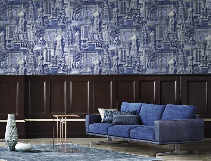 papel de parede azul com estampa de cidade no interior