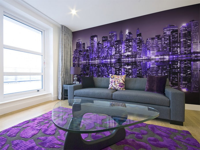 papel de parede roxo com imagem de cidade no interior
