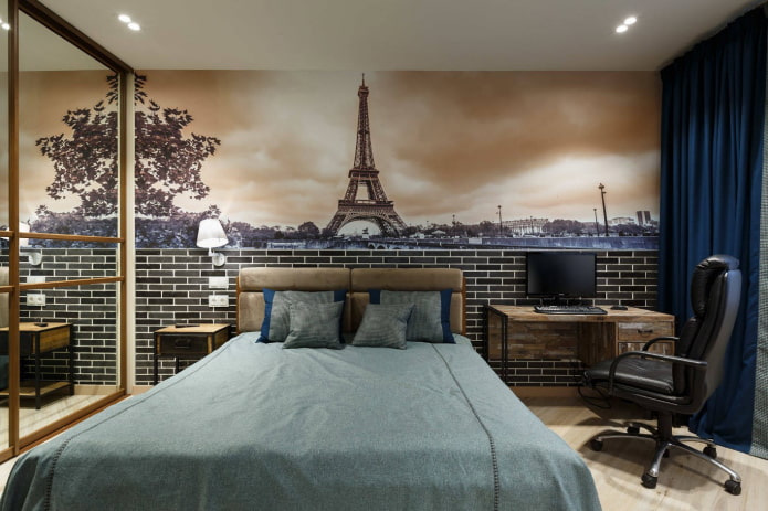 papel de parede com uma cidade no interior do quarto