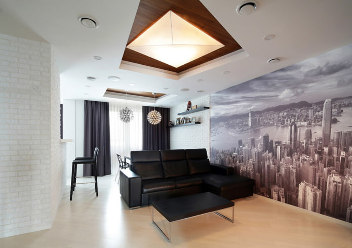 papel de parede fotográfico com a imagem da cidade na sala de estar