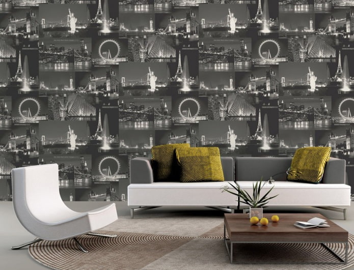 papel de parede vinílico com padrão urbano no interior