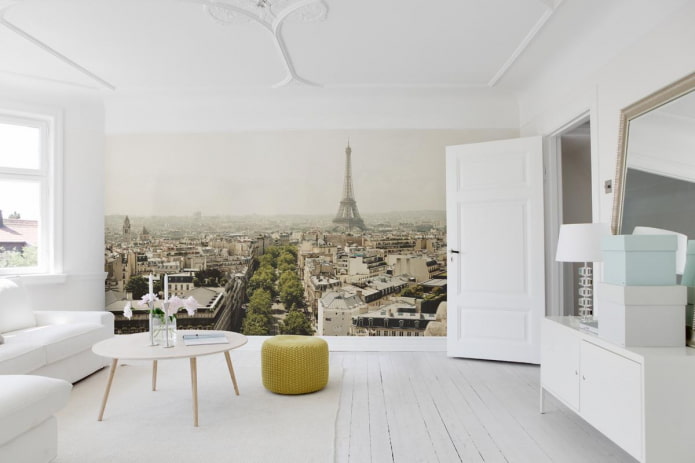 papel de parede fotográfico com a imagem de Paris no interior da sala de estar