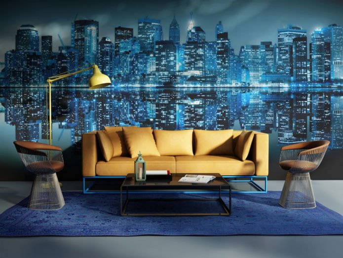 papel de parede azul com imagem de cidade