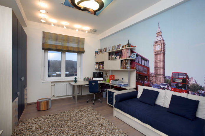 papel de parede fotográfico com a imagem de Londres no quarto de um adolescente