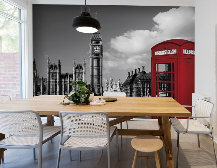 papel de parede fotográfico com a imagem de Londres no interior da sala de jantar