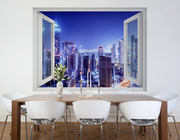papel de parede fotográfico com vista da cidade da janela da sala de jantar
