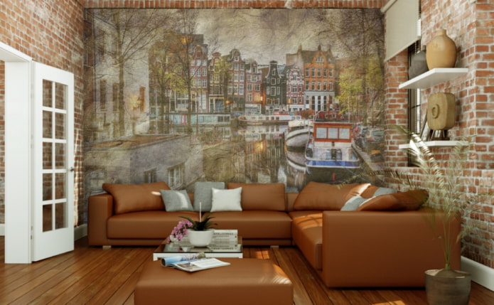 papel de parede fotográfico com a imagem de Amsterdã na sala de estar
