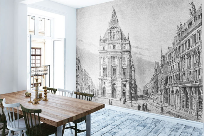 papel de parede com a imagem de uma cidade antiga no interior da cozinha