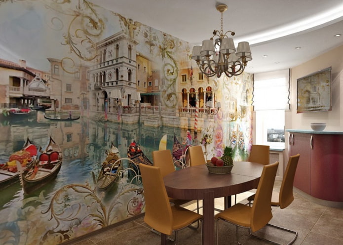 papel de parede fotográfico com a imagem de Veneza no interior da cozinha