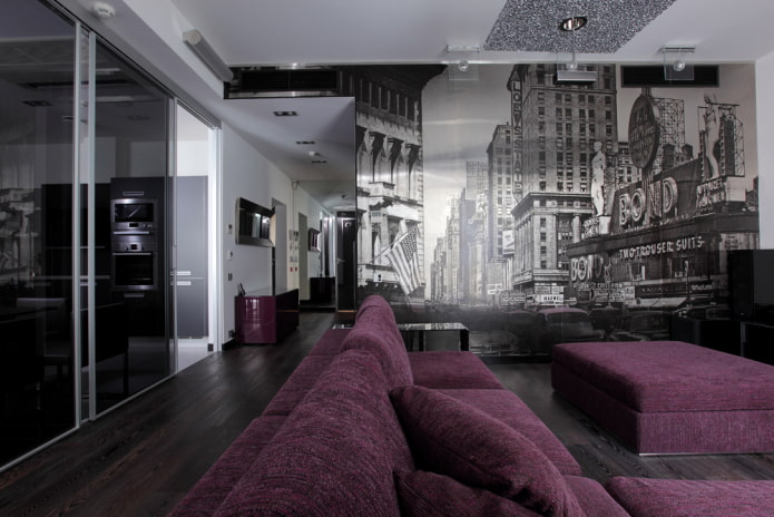 papel de parede fotográfico com Nova York no interior da sala de estar
