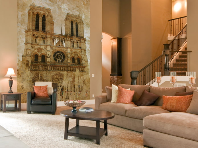 papel de parede fotográfico com a imagem de Notre Dame de Paris no interior da sala de estar