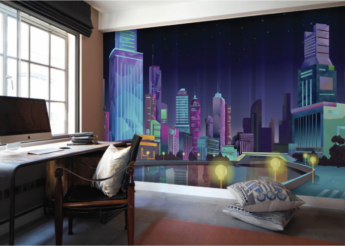 papel de parede com uma cidade pintada no interior