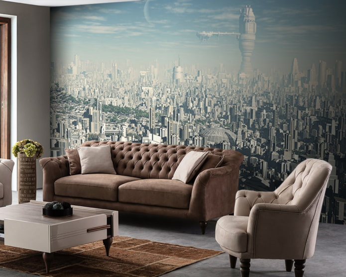 papel de parede fotográfico com a imagem de uma cidade futurista no interior