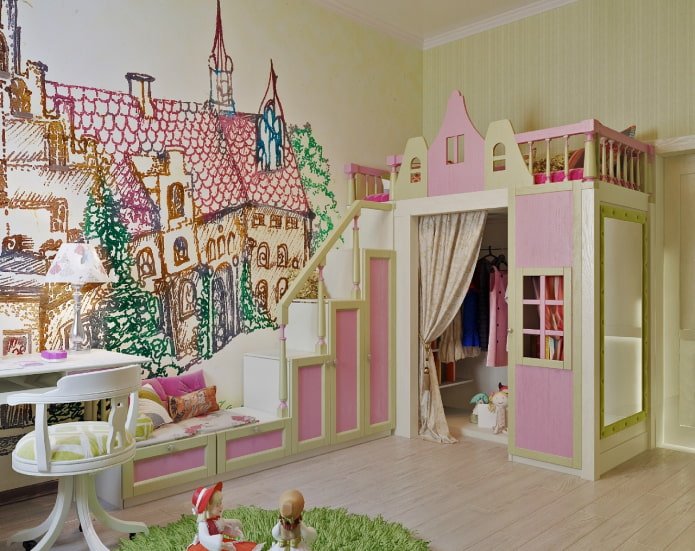 papel de parede com imagem de cidade no quarto de uma criança