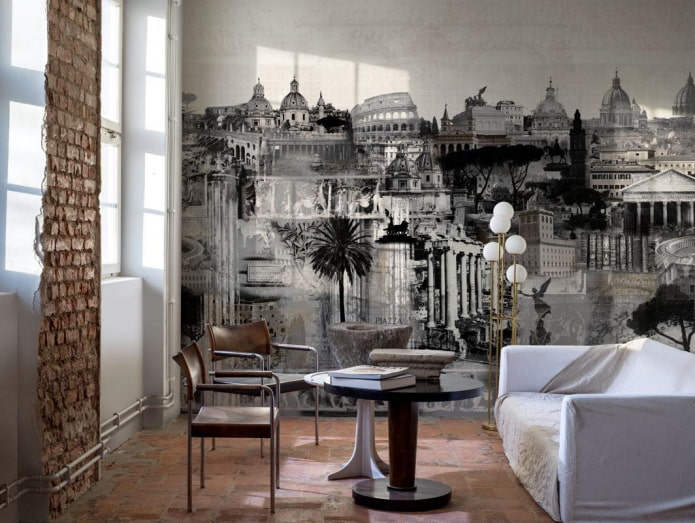 papel de parede preto e branco com uma cidade