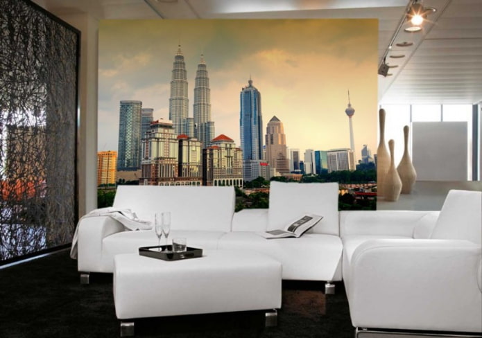 papel de parede fotográfico com a imagem da cidade na sala de estar Quarto