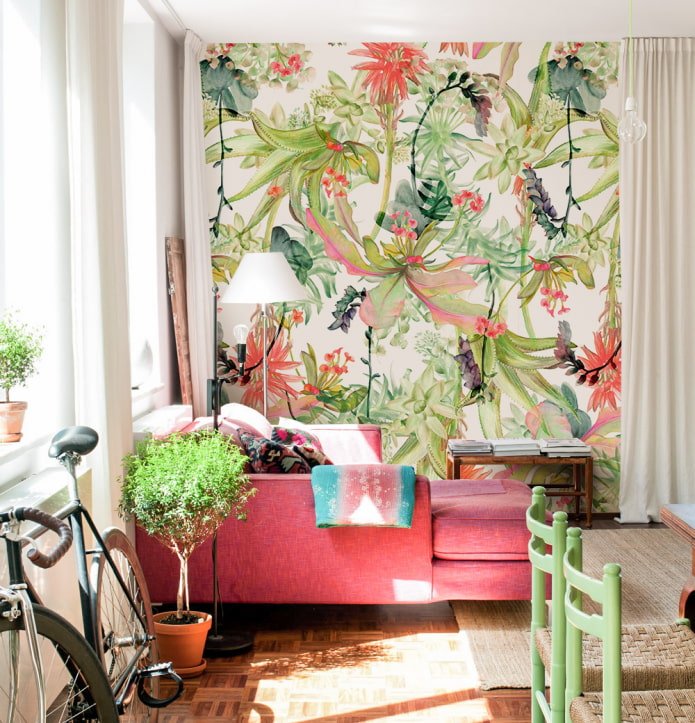 papel de parede com flores tropicais no interior