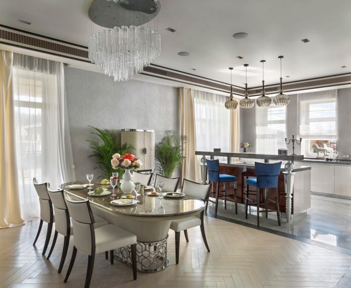 cortinas na cozinha-sala de jantar para papel de parede cinza