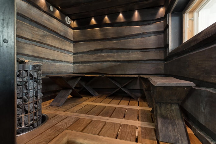tábua queimada sem bordas no interior da sauna
