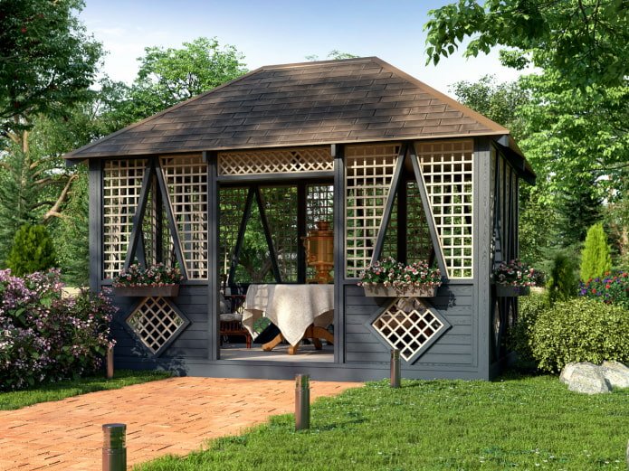 gazebo bicolor feito de ripas e tábuas