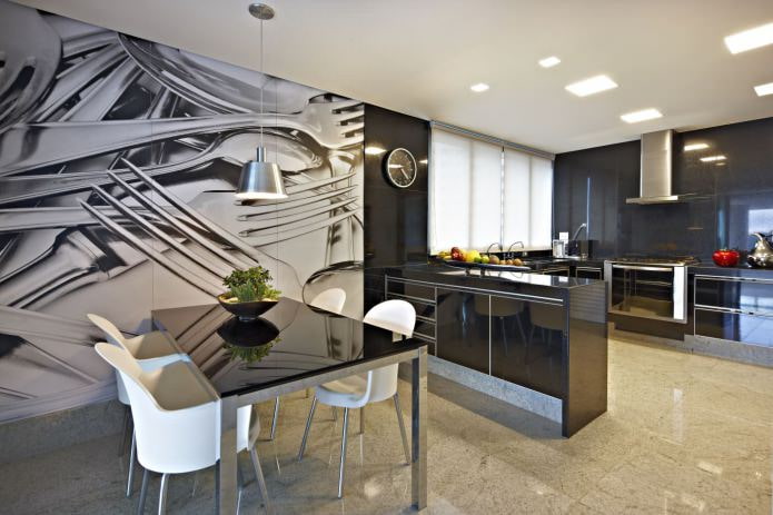 papel de parede fotográfico em cozinha com conjunto preto