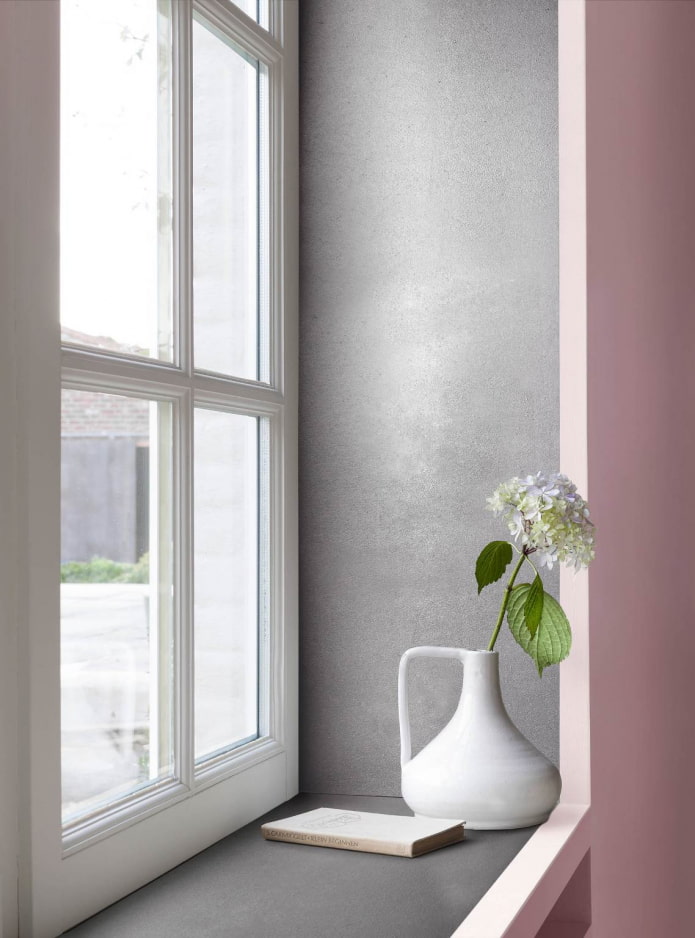 gesso decorativo cinza nas encostas do quarto rosa