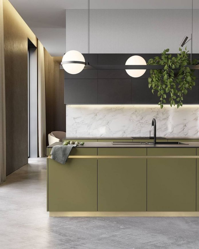 cozinha verde-oliva em estilo moderno