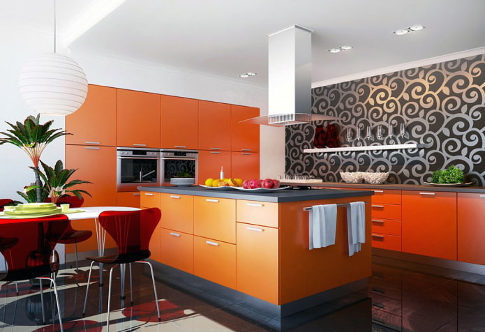 papel de parede no interior da cozinha em tons de laranja