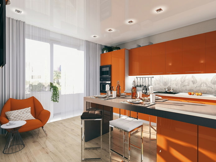 cortinas no interior da cozinha em tons de laranja