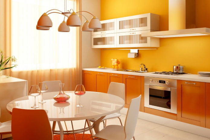 papel de parede no interior da cozinha em tons de laranja