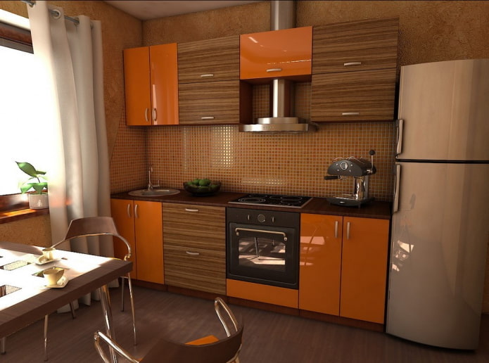 interior da cozinha em tons de laranja e marrom
