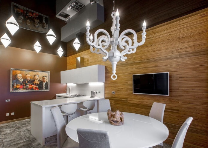 teto falso com lustre no interior da cozinha
