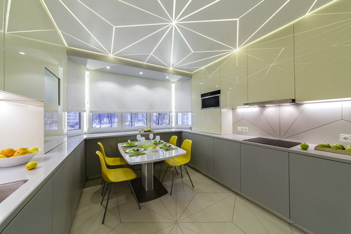 teto falso com iluminação de fundo no interior da cozinha
