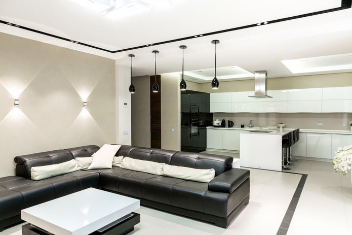 iluminação principal no interior da cozinha-sala de estar