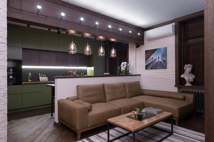 organização da luz no interior da cozinha-sala de estar