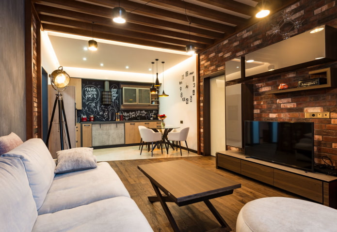 organização da iluminação no interior da cozinha-sala de estar