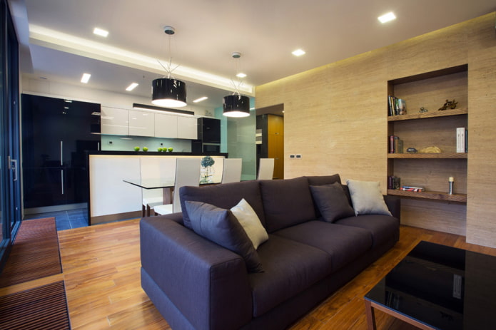 organização da luz no interior da cozinha-sala de estar