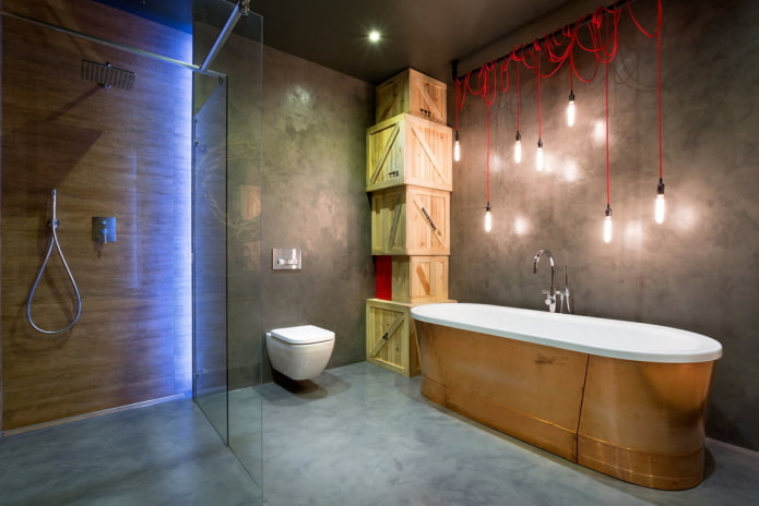 iluminação no interior do banheiro no estilo loft