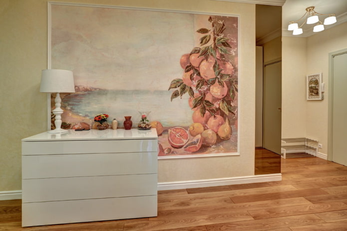 painel de parede com a imagem de frutas no interior