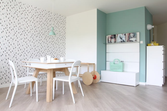 sala de jantar em estilo escandinavo nas cores branco e menta