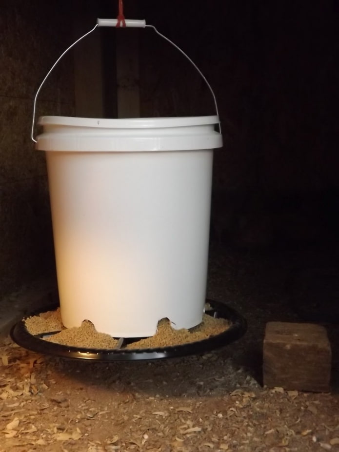 alimentador para aves de um balde de plástico