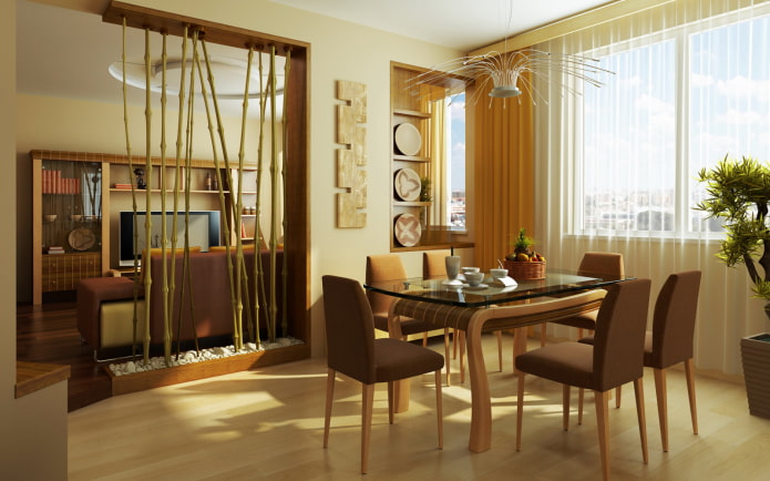 divisória de bambu no interior da cozinha-sala de estar