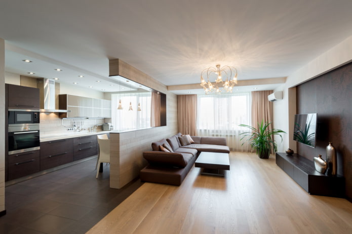 divisória de gesso cartonado no interior da cozinha-sala de estar