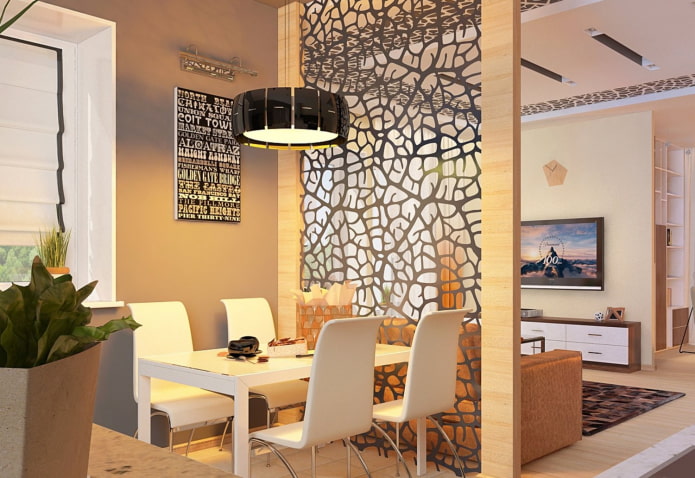 divisória esculpida no interior da cozinha-sala de estar