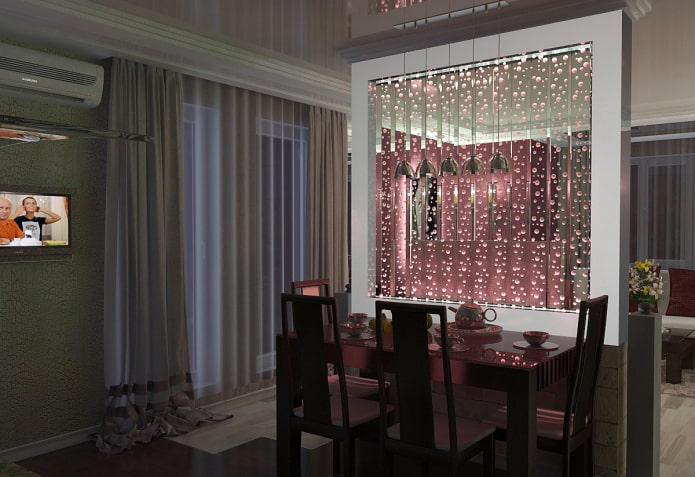 divisória com iluminação no interior da cozinha-sala de estar